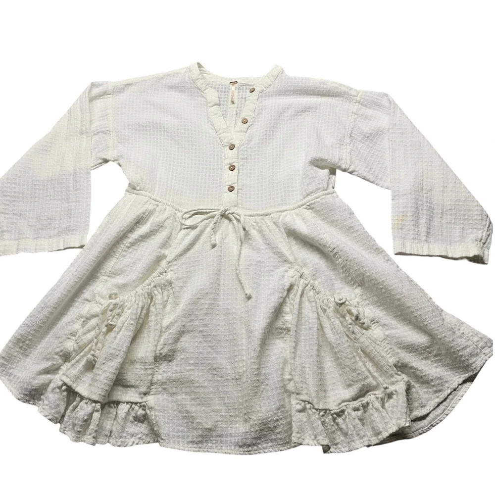 Free People Gauze Tunic Top Womens Size S Ivory Boho Ruffle Pocket Henley Mini
